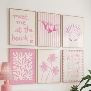 Pink Coastal Gallery Wall, Digital Art Download, 8 Printables, Cute Summer Art Prints, Girly Wall Art, Trendy Beach House Decor
