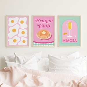Set of 3 Brunch Prints | Digital Art Download | Pink Blue Kitchen Food Decor | Retro Breakfast Art Posters | Cute Trendy Pancakes Wall Art