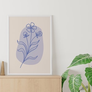 Blue Minimal Line Botanical Print | Digital Art Download | Colorful Floral Printable Art | Cute Trendy Wall Art