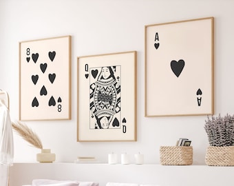 Set van 3 hartenkoningin-print | Digitale kunst downloaden | Schattige zwarte hartenkoningin-kaartafdruk | Retro kunst aan de muur | Trendy Ace-speelkaartkunst