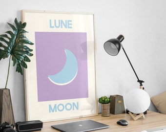 Lune Moon Print | Digital Art Download | Blue Moon Printable Wall Art | Cute Trendy Wall Art