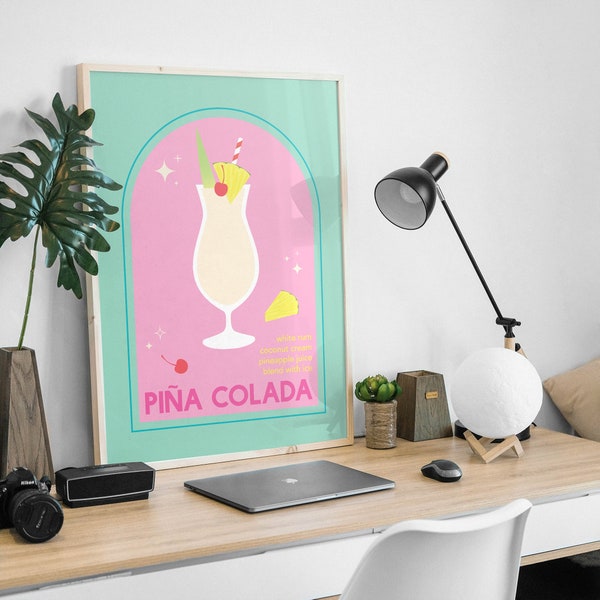 Piña Colada Cocktail Print | Digital Art Download | Cute Pink Coconut Cocktail Drink Bar Printable Art | Kitchen Wall Art