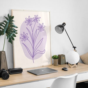 Purple Minimal Line Botanical Print | Digital Art Download | Colorful Floral Printable Art | Cute Trendy Wall Art