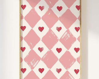 Art mural vintage pour la Saint-Valentin, téléchargement d'art numérique, impression motif coeur à carreaux, art mural coquette, art mignon de la Saint-Valentin, art mural coeur