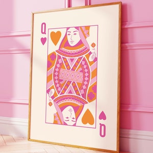 Stampa Regina di Cuori / Download arte digitale / Stampa di carte da gioco rosa arancione carino / Arte da parete retrò / Arte da parete massimalista alla moda