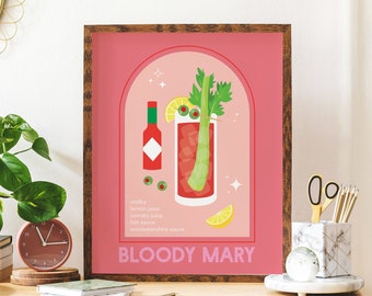 Bloody Mary Cocktail Print | Digital Art Download | Cute Pink Red Bloody Mary Cocktail Bar Printable Art | Kitchen Wall Art