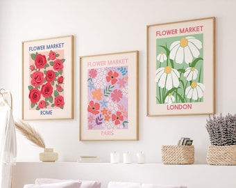 Set of 3 Flower Market Prints | Digital Art Download | Colorful Travel Floral Wall Art
