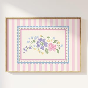 Floral Striped Bouquet Print, Digital Art Download, Cottage Printable Wall Art, Grandmillennial Floral Art Print, Cute Trendy Wall Art