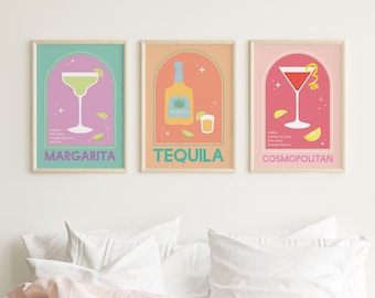 Set of 3 Cocktail Prints Gallery Wall | Digital Art Download | Cute Colorful Liquor Drink Bar Printable Art | Kitchen Wall Art