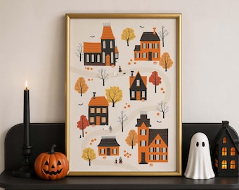 Cozy Halloween Village Print, Digital Art Download, Halloween Wall Art, Fall Autumn Wall Art, Cute Halloween Print, Spooky Season Decor