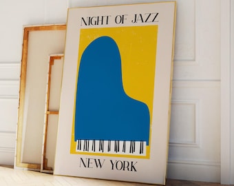 New York Jazz Print | Digital Art Download | Yellow and Blue Jazz Music Wall Art | Abstract Piano Art Print | Cute Trendy Wall Art