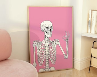 Skeleton Print | Digital Art Download | Cute Pink Halloween Wall Decor | Trendy Halloween Wall Art | Spooky Season Poster