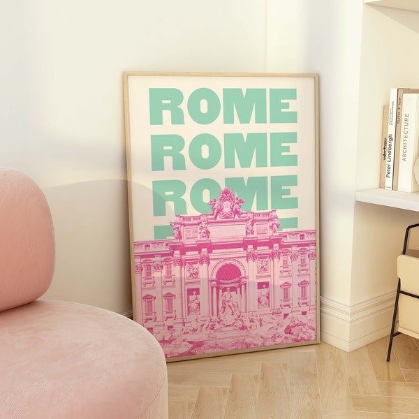 Rome Travel Print | Digital Art Download | Pink Green Italy Trevi Fountain Travel Exhibition Print | Cute Trendy Wall Art