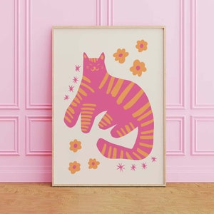 Katzen Druck | Digitale Kunst Download | Rosa Orange Katze-Wand-Dekor | Funky Kätzchen Wand Kunst | Katzenliebhaber Poster | Retro Wandbild