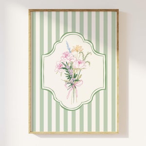 Floral Striped Sketch Print, Digital Art Download, Cottage Printable Wall Art, Grandmillennial Floral Art Print, Cute Trendy Wall Art