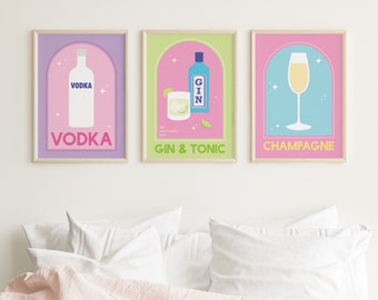 Set of 3 Cocktail Prints | Digital Art Download | Cute Pink Blue Green Liquor Drink Bar Printable Art | Kitchen Wall Art