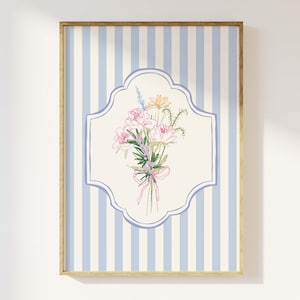 Floral Striped Sketch Print, Digital Art Download, Cottage Printable Wall Art, Grandmillennial Floral Art Print, Cute Trendy Wall Art