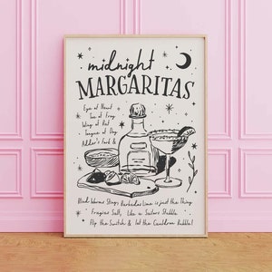 Midnight Margaritas Print | Pobieranie sztuki cyfrowej | Dekoracja wózka barowego na Halloween | Modna sztuka ścienna na Halloween | Straszna sztuka ścienna na koktajle
