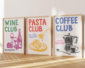 Keukenprintset, digitale download, 3 prints, schattige pastakunstprint, wijnmuurkunst, retro koffieclub, trendy eetdecor, leuke keukenkunst