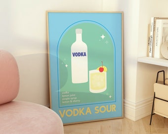 Vodka Sour Cocktail Print | Digital Art Download | Cute Blue Cocktail Bar Printable Art | Kitchen Wall Art