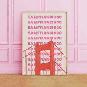 Impresión de viajes de San Francisco / Descarga de arte digital / Impresión de exposición de viajes del puente Golden Gate naranja rosa / Lindo arte de pared de moda