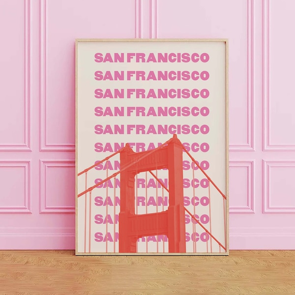 San Francisco Reisedruck | Digitale Kunst Download | Pink Orange Golden Gate Bridge Reise Ausstellung Druck | Niedliche trendige Wandkunst