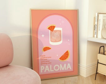 Paloma Cocktail Print | Digital Art Download | Cute Pink Orange Cocktail Bar Printable Art | Orange Kitchen Wall Art