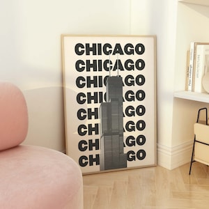 Chicago Travel Print | Digital Art Download | Black and White Neutral Chicago Willis Tower Travel Exhibition Print | Cute Trendy Wall Art