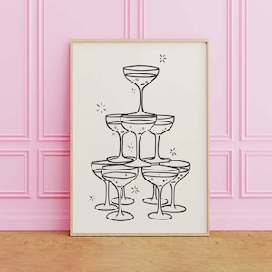 Champagner Turm Print | Digitale Kunst Download | Netter Hand gezeichneter Cocktail Druck | Bart Warenkorb druckbare Kunst | Trendy Küchen Print