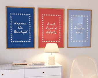 Arte de parede para o dia 4 de julho, download de arte digital, conjunto de 3, impressões de arte americanas fofas, decoração do Dia da Independência, impressões de arte patrióticas excêntricas