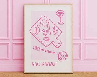 Impresión de cena para niñas / Descarga de arte digital / Arte lindo de la pared de la cocina / Decoración divertida del apartamento / Impresión de comida de moda / Arte de la pared rosa