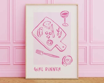 Girl Dinner Print | Digital Art Download | Cute Kitchen Wall Art | Fun Apartment Decor | Trendy Food Print | Pink Wall Art