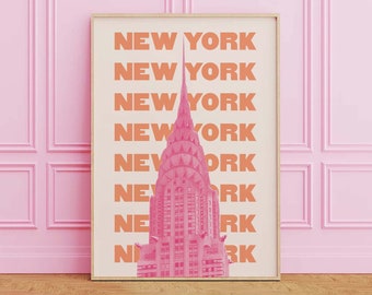 New York City Travel Print | Digital Art Download | Pink Orange NYC Travel Exhibition Print | New York Wall Art | Cute Trendy Wall Art