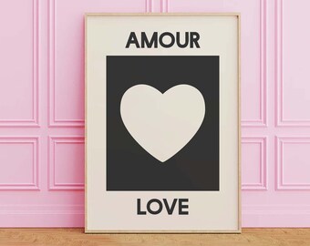Amour Love Print | Digital Art Download | Black Heart Printable Wall Art | Neutral Love Wall Art | Cute Trendy Wall Art