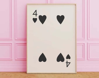 4 of Hearts Print | Digital Art Download | Cute Black Card Print | Retro Wall Art | Trendy Playing Card Art