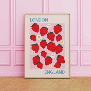 Strawberry London England Print | Digital Art Download | Strawberries Fruit Market Wall Art | Red and Pink Kitchen Art Print | Cute Wall Art
