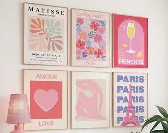 Set of 6 Pink Print Gallery Wall | Digital Art Download | Boho Paris Matisse Printable Art | Trendy Gallery Wall Art