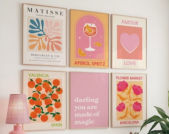 Set of 6 Pink and Orange Gallery Wall | Digital Art Download | Cute Boho Matisse Printable Art Set | Trendy Gallery Wall Art