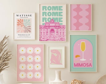 Set of 6 Pink and Blue Print Gallery Wall | Digital Art Download | Boho Rome Matisse Printable Art | Trendy Gallery Wall Art