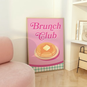 Brunch Club Print | Digital Art Download | Pink Kitchen Food Decor | Retro Breakfast Art Poster | Pancakes Wall Art | Cute Trendy Wall Art