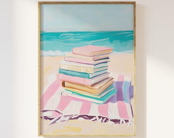Beach Bookstack Print, Coastal Reading Art, Digital Download, Aesthetic Book Lover Decor, Cute Book Club Wall Art, Pastel Beach House Decor