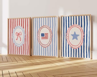 Fourth of July Wall Art, Digital Art Download, Set of 3, Cute America Art Prints, Trendy Striped Wall Art, Whimsical Patriotic Art Prints