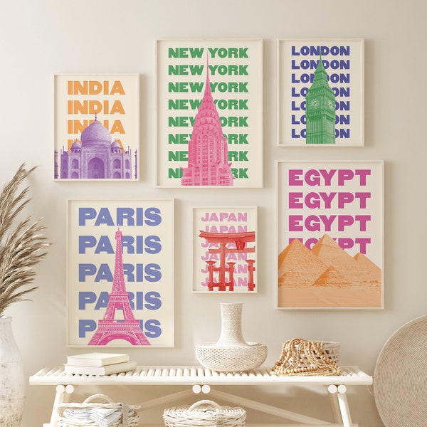 Set of 6 Travel Cities Prints | Digital Art Download | Colorful Gallery Wall Travel Exhibition Print Set | Trendy Gallery Wall Art