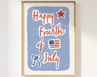Happy 4th of July Art Print, Digital Art Download, Cute American Flag Art Print, Americana Wall Art, Whimsical Patriotic Art Prints