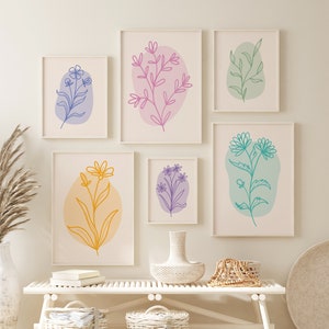 Set of 6 Minimal Line Botanical Gallery Wall | Digital Art Download | Colorful Floral Printable Art | Cute Trendy Wall Art