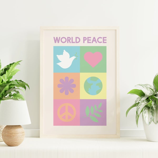 World Peace Print | Digital Art Download | Pastel Peace and Love Wall Art | Cute Earth Day Art Print