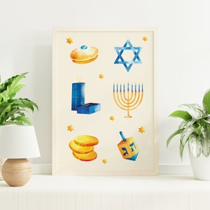 Chanoeka-afdruk | Digitale kunst downloaden | Leuke aquarel Chanoeka-illustratiekunst | Blauwe wanddecoraties voor Joodse feestdagen