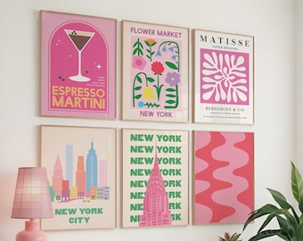 Set of 6 Pink Print Gallery Wall | Digital Art Download | Pink Green New York City Printable Art | Trendy Gallery Wall Art