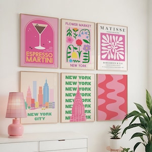 6er Set Pink Print Gallery Wall | Digitale Kunst Download | Rosa Grün New York City druckbare Kunst | Trendige Galeriewandkunst