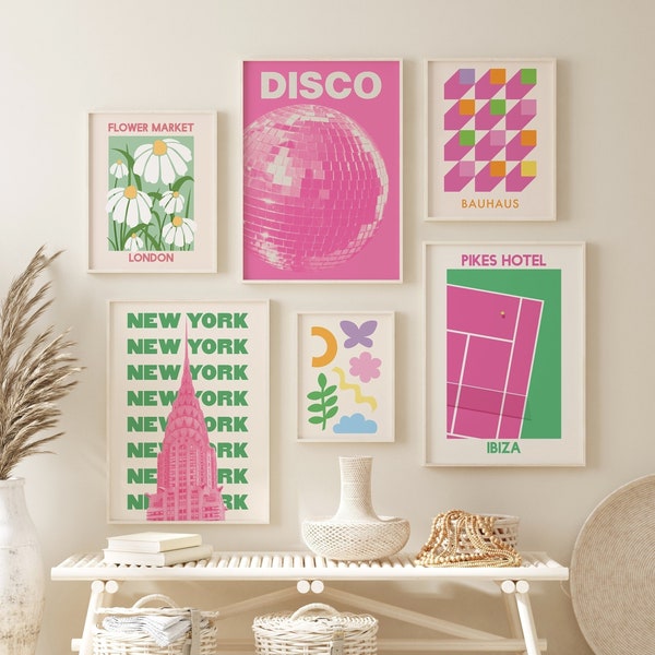 Ensemble de 6 murs de galerie d’impressions vertes et roses | Téléchargement d’art numérique | New York City Disco Printable Art | Galerie d’art mural à la mode